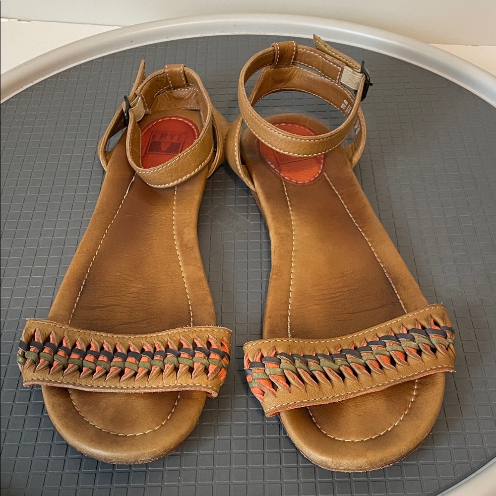 Frye Tan Sandals with Multicolor Braided Strap